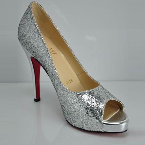 Christian Louboutin Glittered Peep-toe Pump Silver